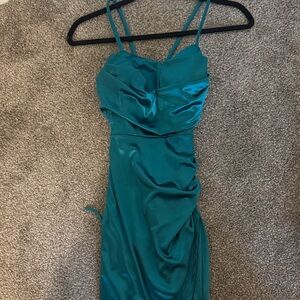 Honey and Rosie Teal Satin Strap Dress